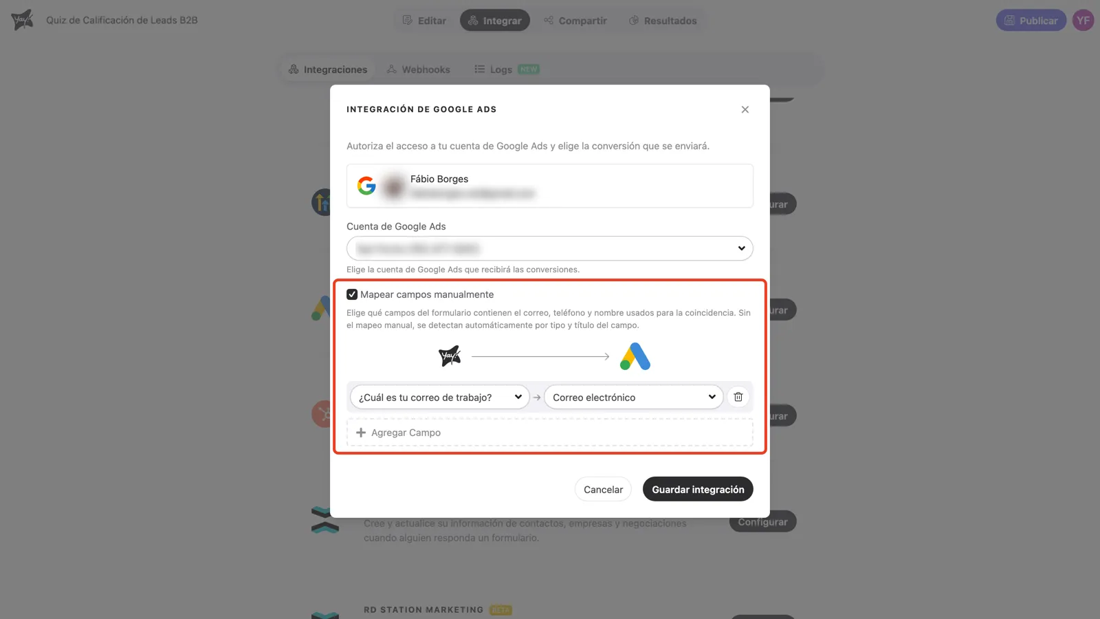 Mapeo manual activado, con la pregunta del correo de trabajo mapeada a Correo electrónico