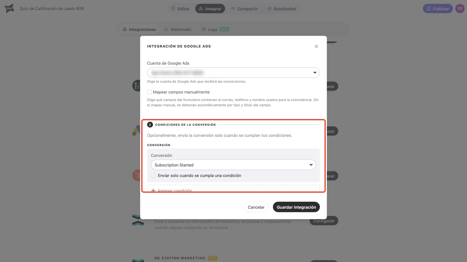 El paso 2 con una acción de conversión seleccionada en el menú Conversión