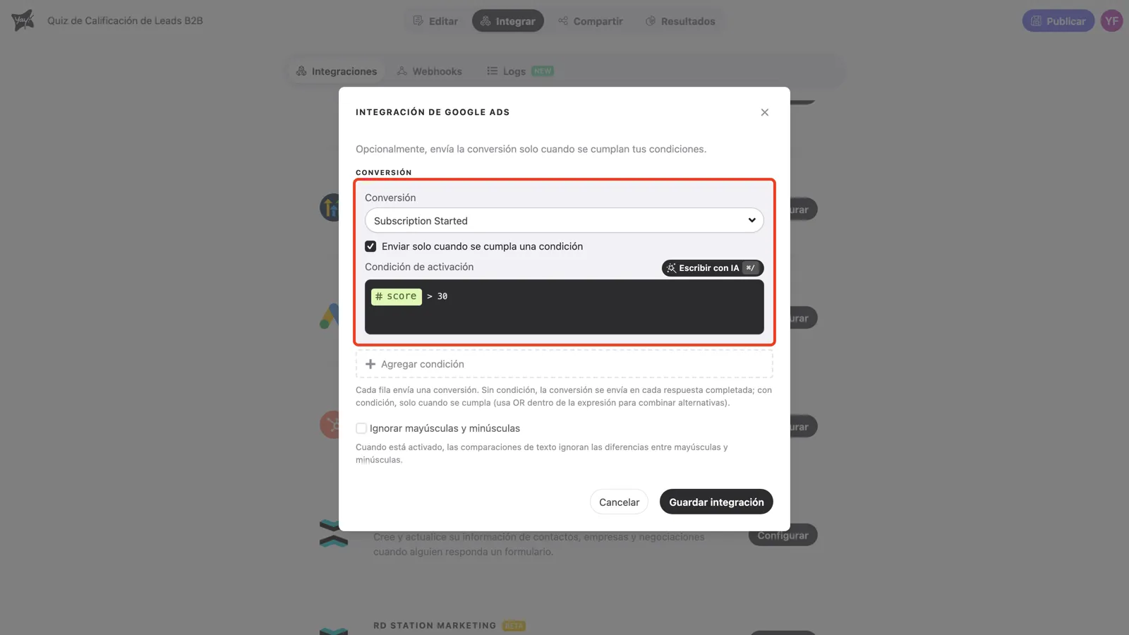 La condición activada con la expresión score mayor que 30 en el editor Condición de activación