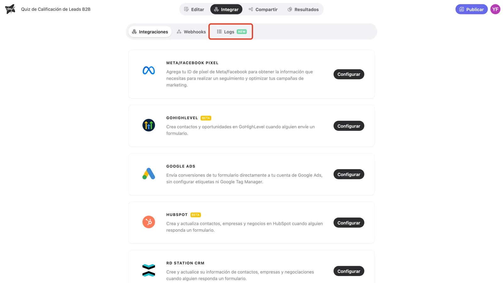 La pantalla de integraciones con la pestaña Logs resaltada