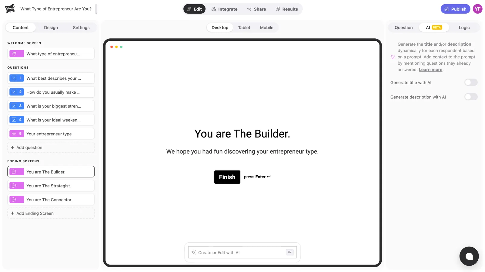 The AI tab of an ending screen, with prompts for title and description