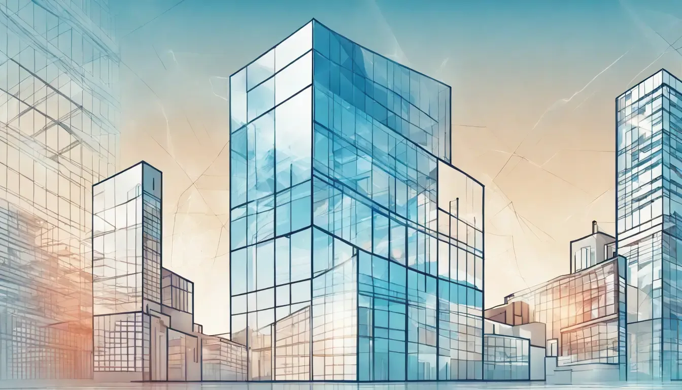 Gráfico de crescimento refletido em prédio de vidro moderno com ícone de formulário e engrenagens, simbolizando rastreamento de ROI em marketing.