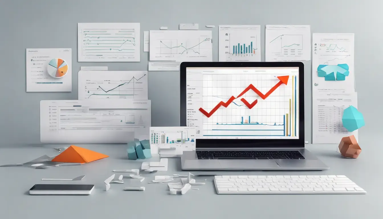 Gráfico de vendas em ascensão na tela de um laptop com ícones de formulários online, representando a otimização de vendas através de recursos avançados.
